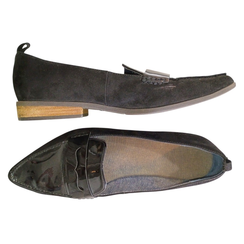 Womens Black Suede Patent Pointed Toe Penny Loafers Stacked Heel Flats 10.5